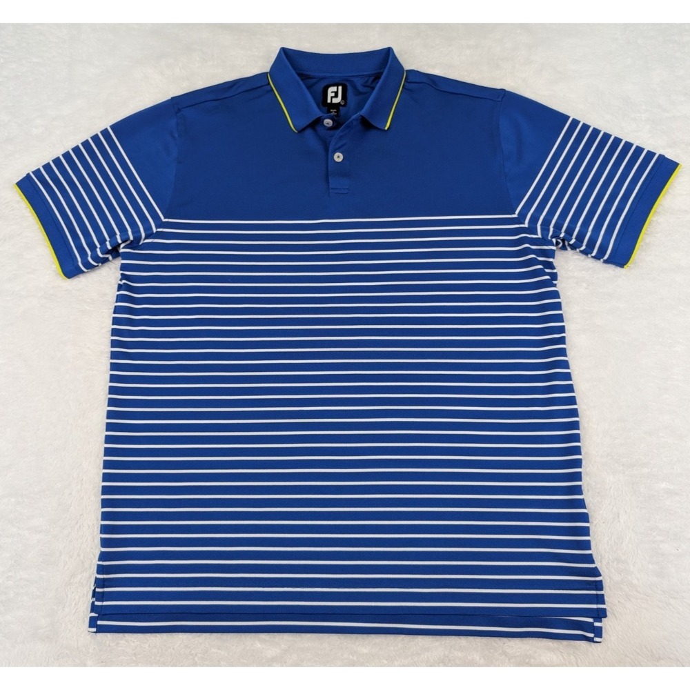 FootJoy Polo Shirt Men's L Blue White Striped Golf Yellow Stripe Collar